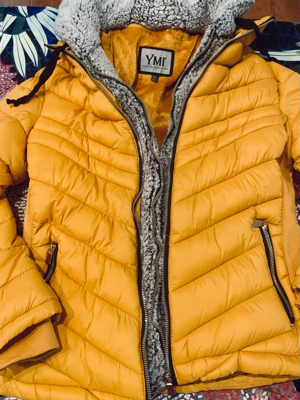 YMI Women's Golden Yellow Quilted Puffer Jacket with Sherpa Trim